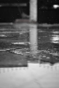 Grayscale photo capturing raindrops and reflections on a city pavement.