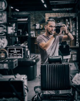 Stylish man capturing mirror selfie in a modern barbershop setting.