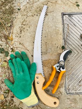 Gardening gloves and pruning shears on stone surface