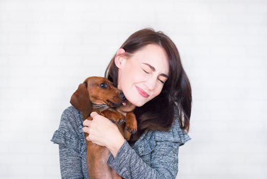 Woman In Grey Top Hugging Brown Dachshund