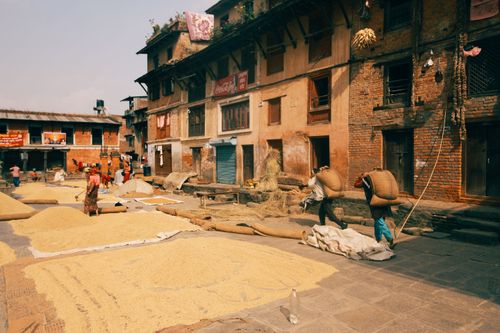 Free Men carry sacks while drying grains in a rustic village square. Stock Photo