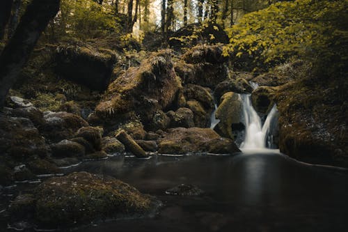 Water Falls Cascading Through Rocky Cliff 