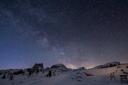 A Starry Night Sky Over Snow Covered Mountains