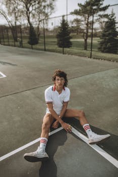 Young man in sportswear sitting on an outdoor tennis court, enjoying a sunny day.