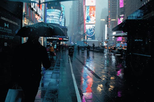 Pedestrians walking under umbrellas on a rainy night in Times Square, NYC.