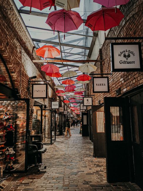 Explore the vibrant and eclectic Camden Market's walkway in London, adorned with colorful umbrellas.