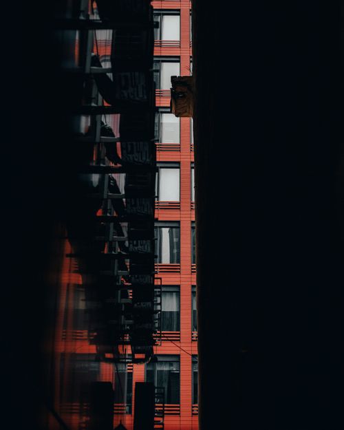 Free Moody urban scene with a dark alley view of a modern red brick building. Stock Photo
