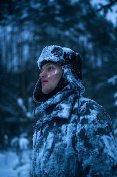 A man wearing a snow-covered hat stands in a snowy forest during winter.