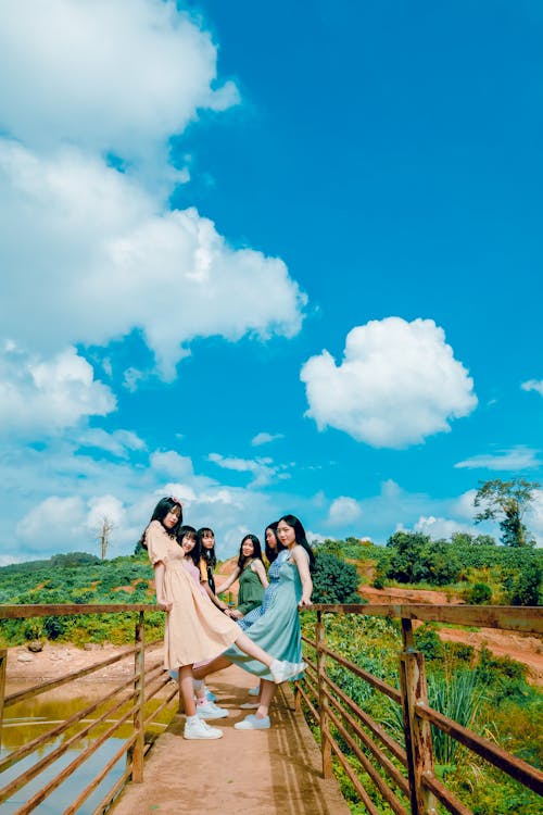 Six Girls Standing on Bridge