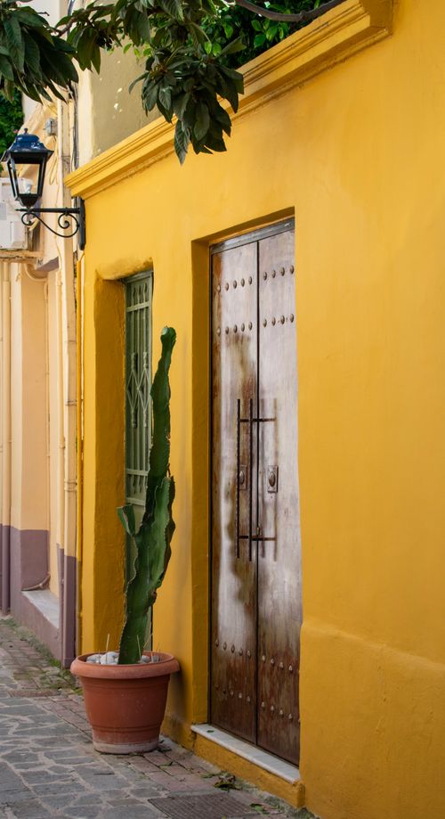 Free Captivating yellow wall with a rustic door and cactus in a pot, located in the picturesque streets of Rhodes, Greece. Stock Photo