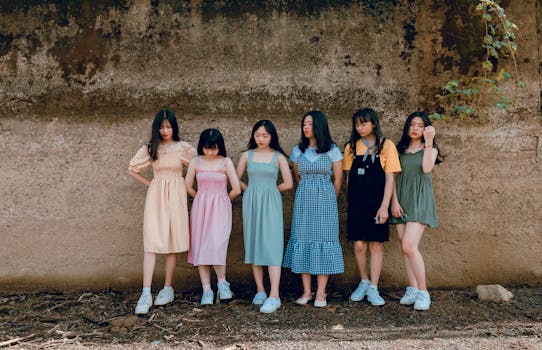 A group of young women standing together in fashionable dresses outdoors against a rustic wall.