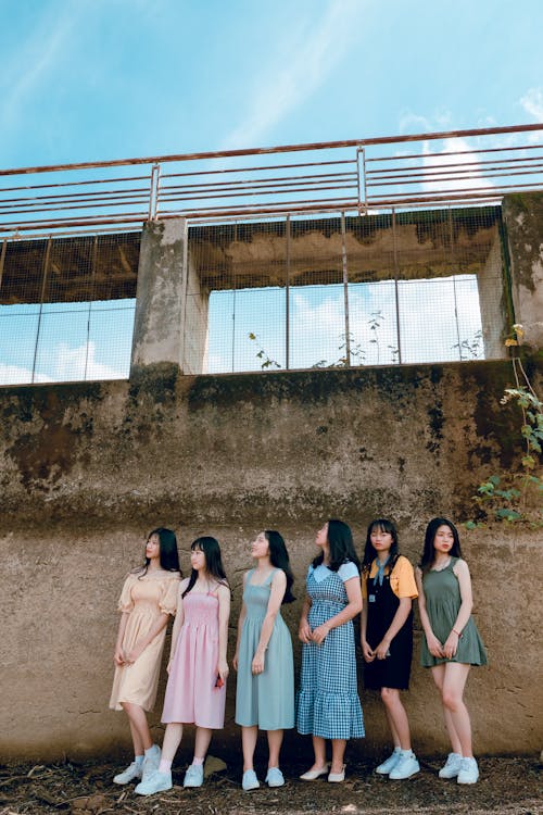 無料 灰色のコンクリートの壁の前に立つ6人の女性 写真素材