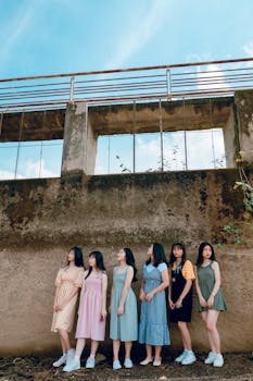 六名年轻女子并肩站在户外，倚靠着饱经风霜的墙壁