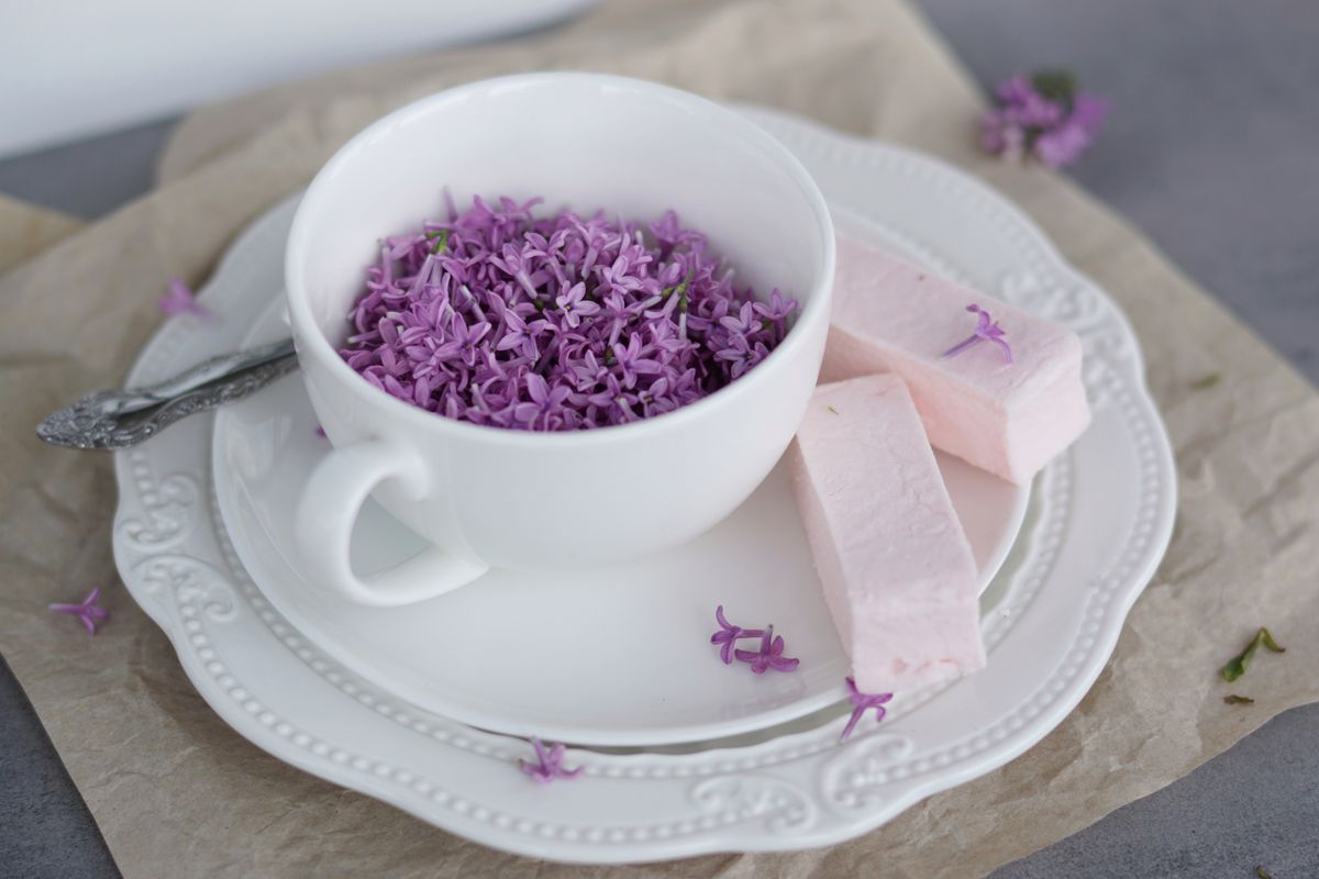 A white cup filled with lavender flowers next to pink sweets on a delicate plate.