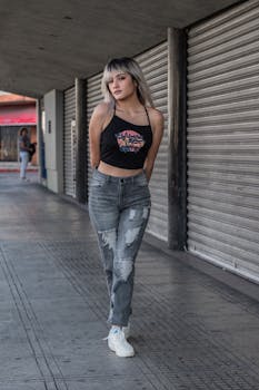 Portrait of a young woman in casual clothing walking on a city sidewalk, showcasing urban style.