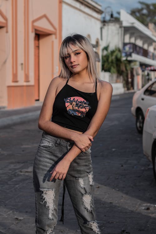 Young Woman in Casual Trendy Clothing in City 