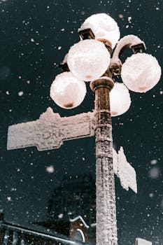Street lamp covered in snow during a winter night in Ottawa, Canada.