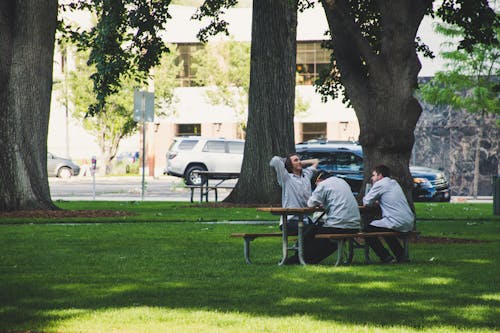 Photo Of Men Sitting On Picnic Bench