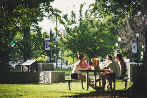 Three Women Sitting On Benches