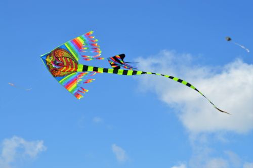 Free 3 bright  kites flying in Spring Festival Stock Photo