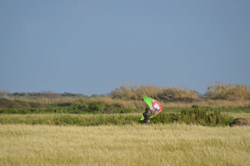 boy running through green fields with kite