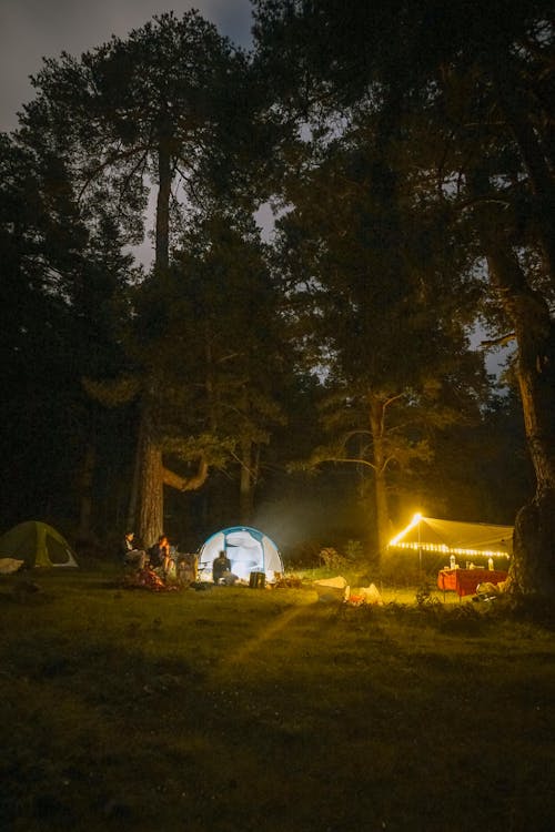 Free People on Campsite and Tents with Fairy Lights Stock Photo