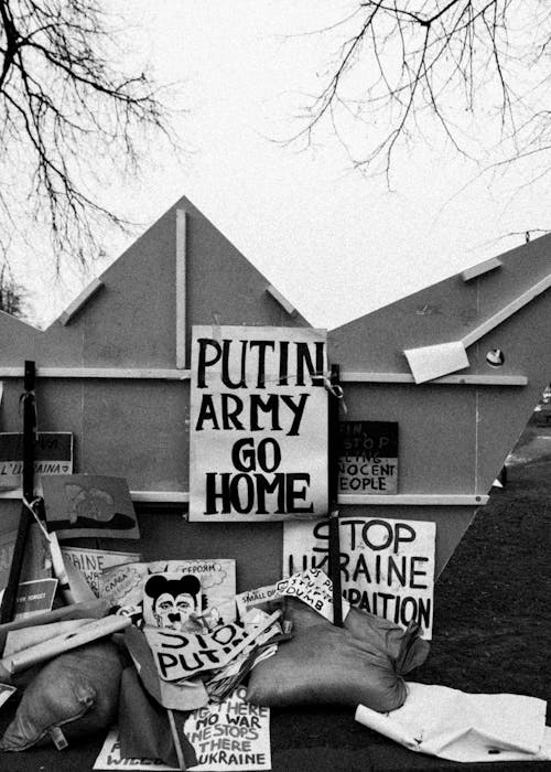 Black and White Photo of Anti-war Banners 