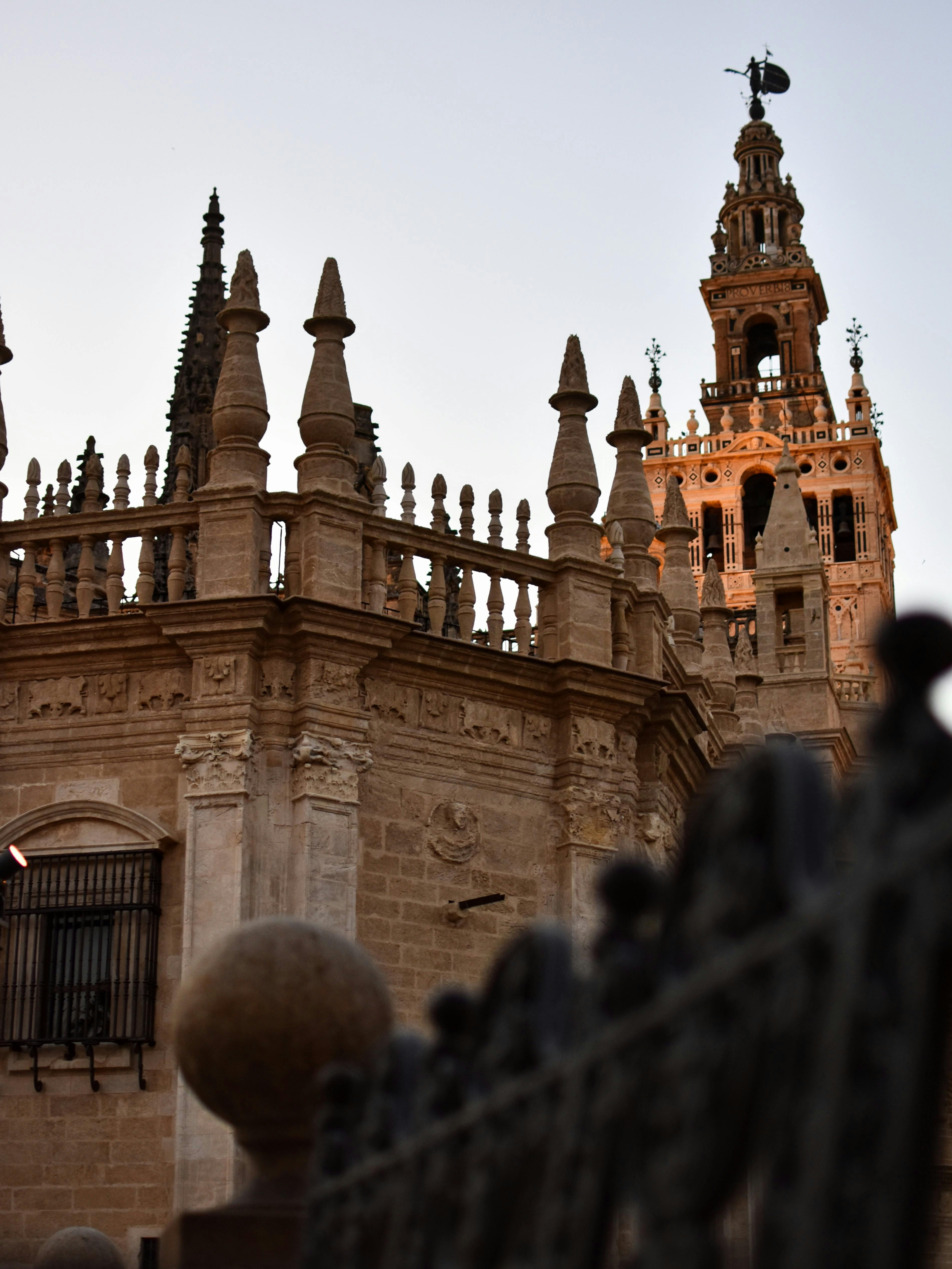 selective focus shot of a tall brown concrete church