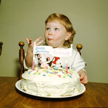 Adorable child tasting icing at a birthday celebration with a decorated cake.