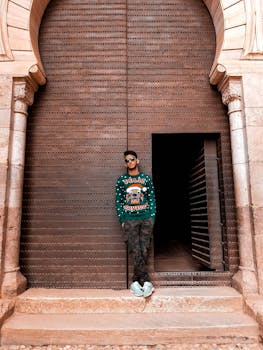Young man in sunglasses and vibrant sweater leaning against a historic arched doorway in Granada.