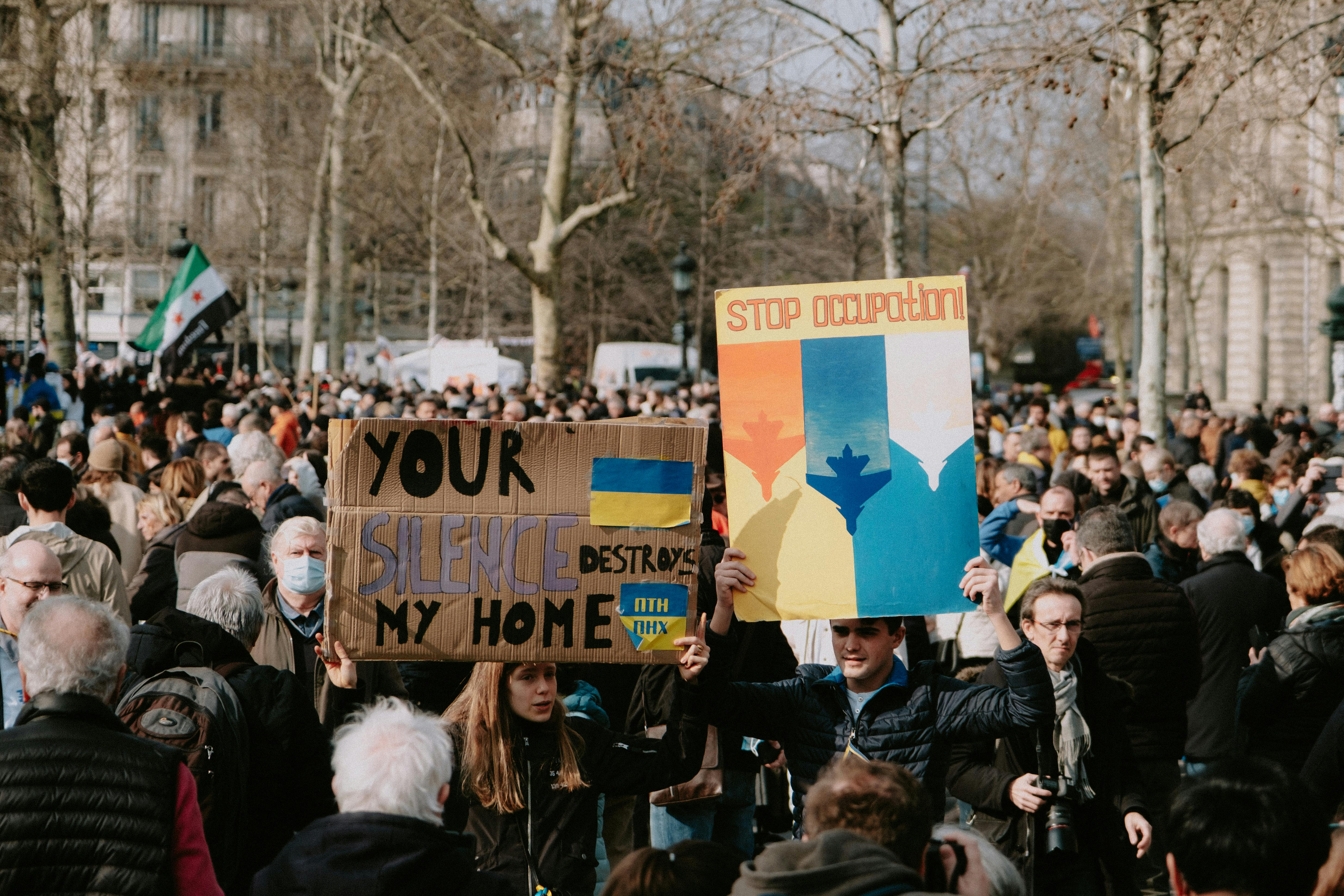 Large crowd gathered for peaceful protest against occupation with flags and placards, highlighting unity and activism.