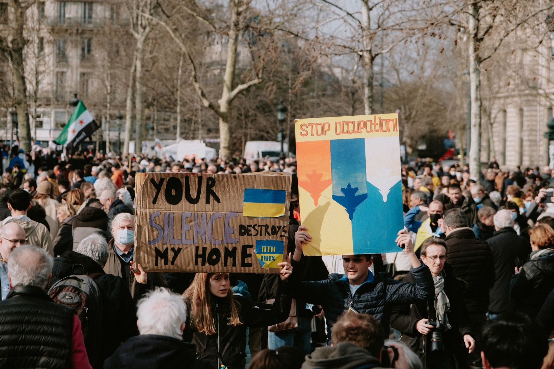 Large crowd gathered for peaceful protest against occupation with flags and placards, highlighting unity and activism.