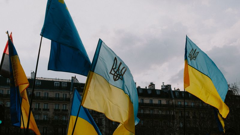 Blue and yellow Ukrainian flag on a pole