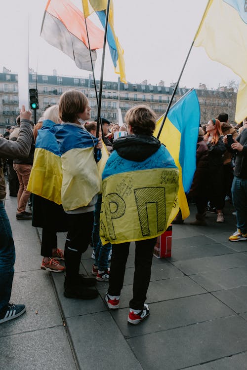 People with Ukrainian Flags at Demonstration