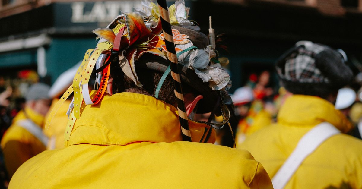 Back view of participants in a colorful parade, wearing traditional attire with vibrant feather decorations.