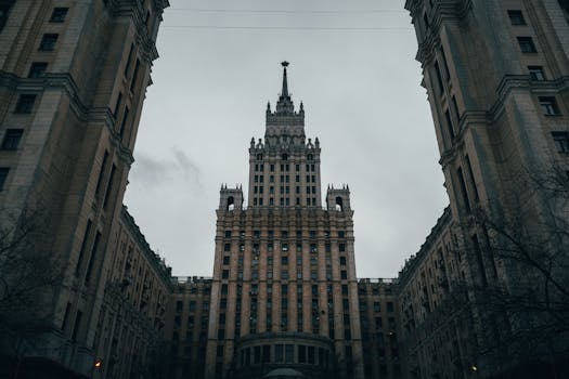 Majestic view of a historic Stalinist skyscraper in Moscow, showcasing Soviet architectural style.