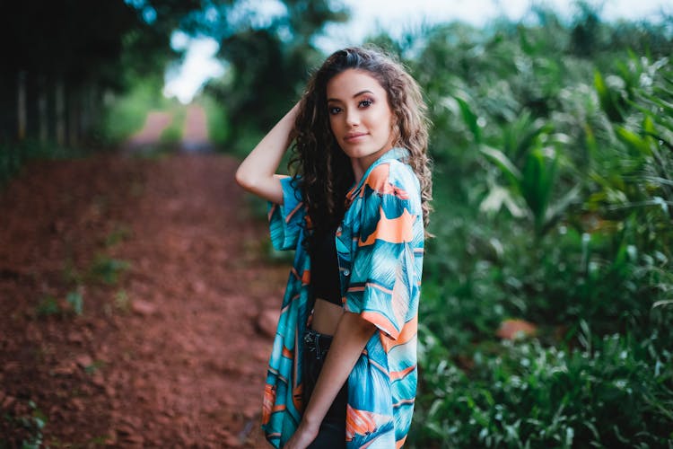 Woman Wearing A Floral Polo