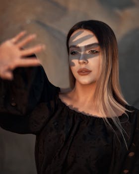 Elegant portrait of a woman showcasing shadow play on her face and hand pose.