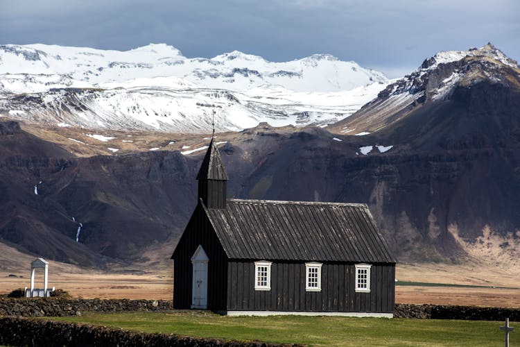 Black Wooden Church In Buoir, Iceland