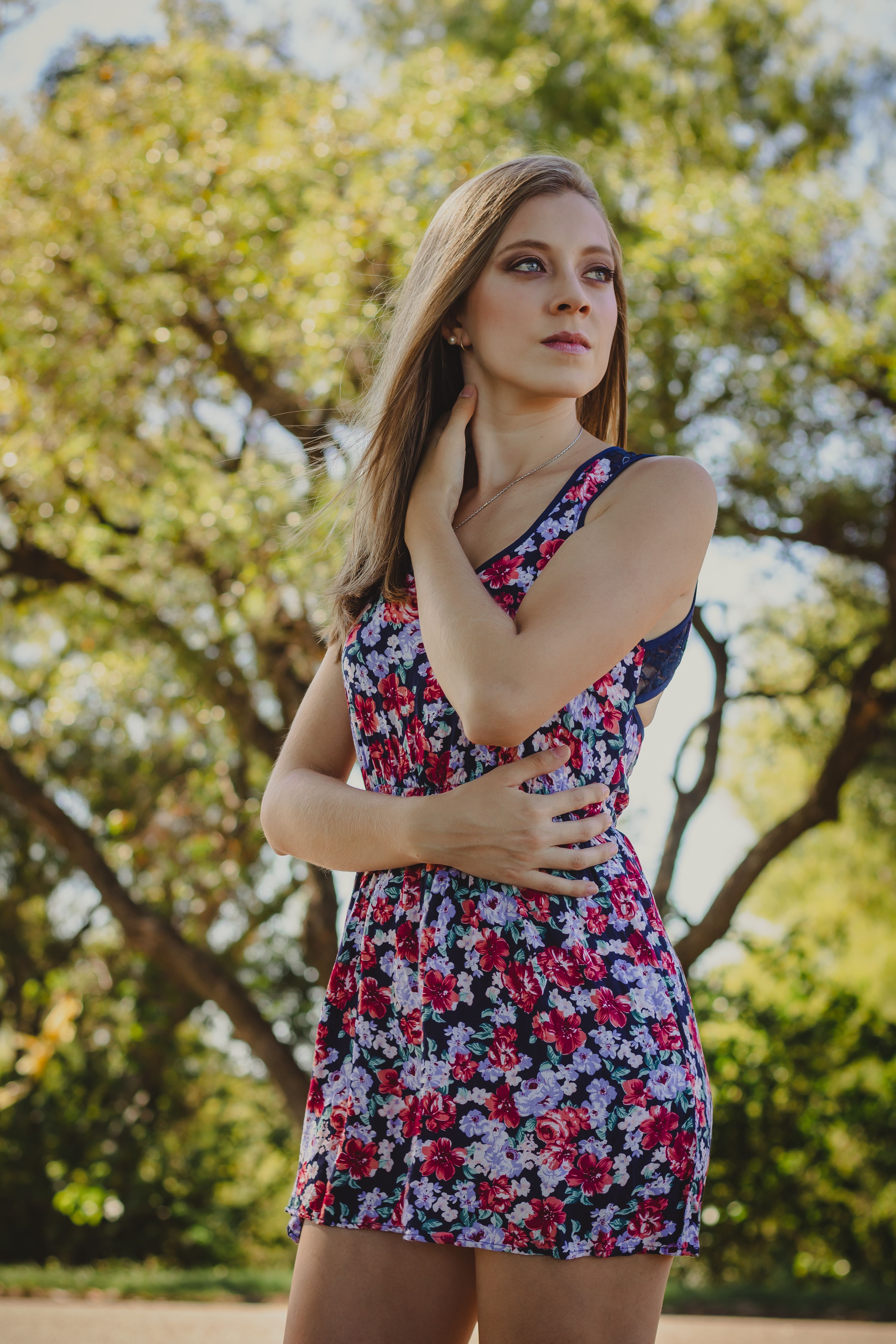 Floral dress in sunlight, casual spring outfit