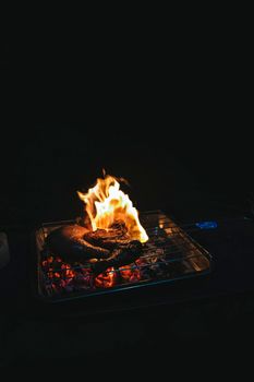 Close-up of chicken grilling on a barbecue with open flames against a dark background.