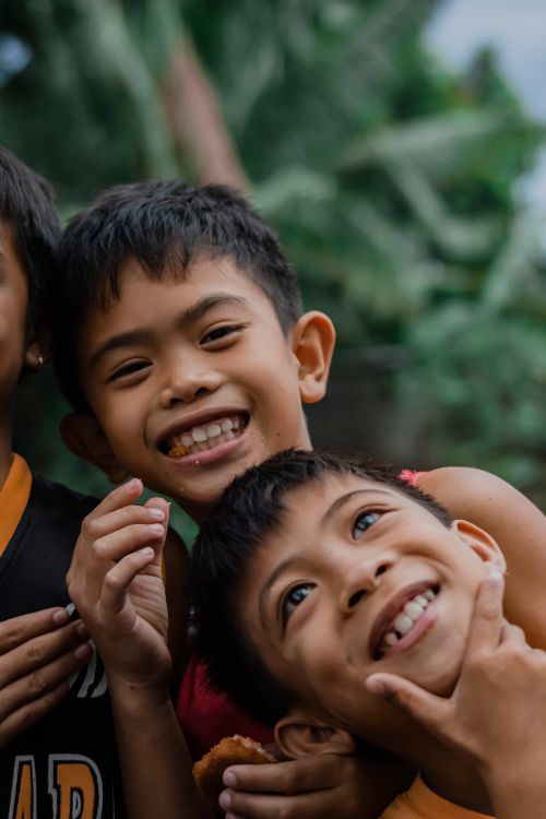 Free Two boys laughing and enjoying themselves in a playful outdoor portrait with greenery. Stock Photo