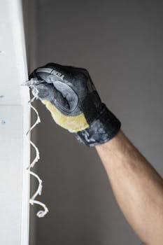 A gloved hand scraping a surface, focusing on precise edge work in construction.