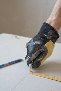A gloved hand using a cutter and ruler to cut plasterboard for construction work.