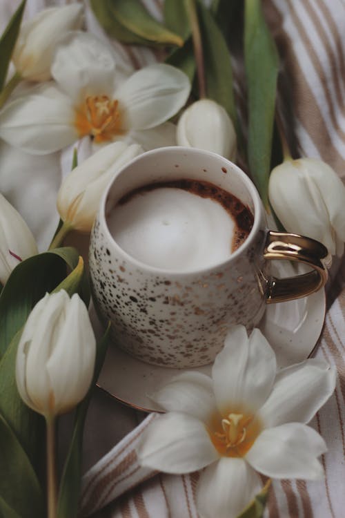 Free Cappuccino in Ornate Cup Decorated with Flowers Stock Photo