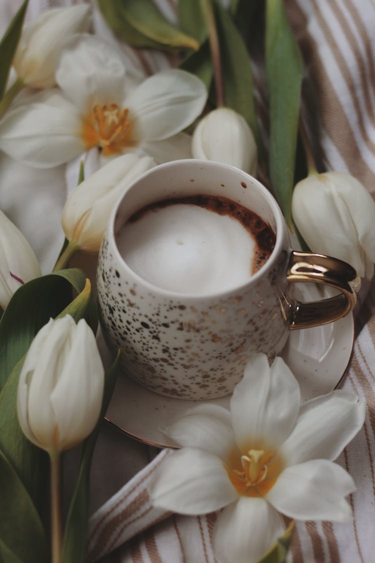 Cappuccino In Ornate Cup Decorated With Flowers