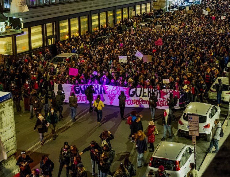 Crowd With Placards On Street Protest