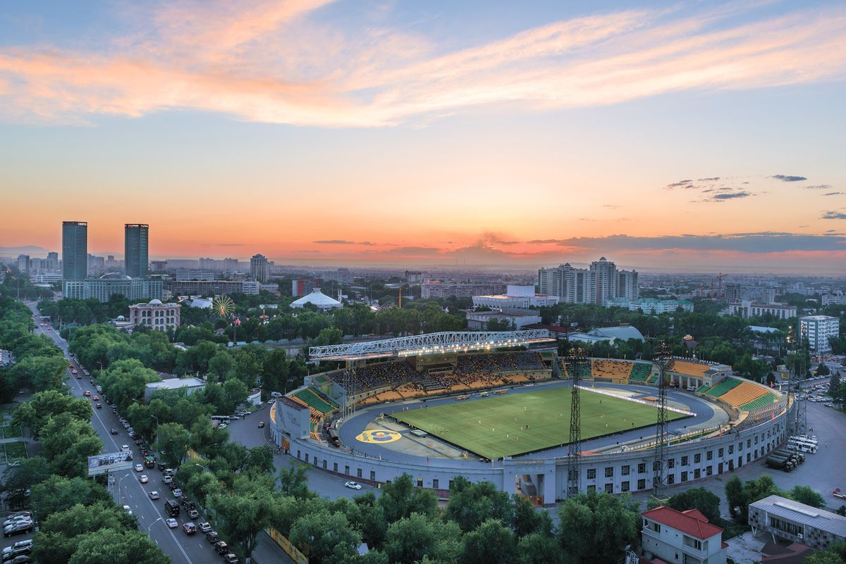 Stadium bathed in sunset light