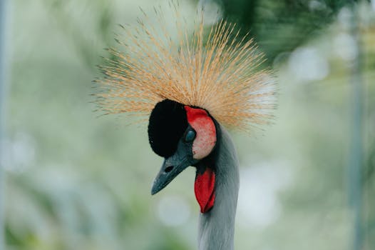 一只冠鹤的肖像，羽毛引人注目，细节栩栩如生