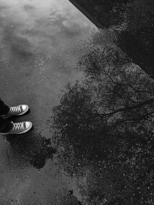 Free Sneaker-clad feet next to a puddle reflecting trees in black and white. Stock Photo